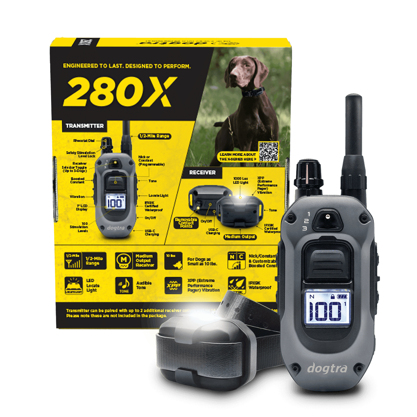 Dogtra 280X 1-Dog Unit with transmitter, receiver, and packaging displaying product features and specifications