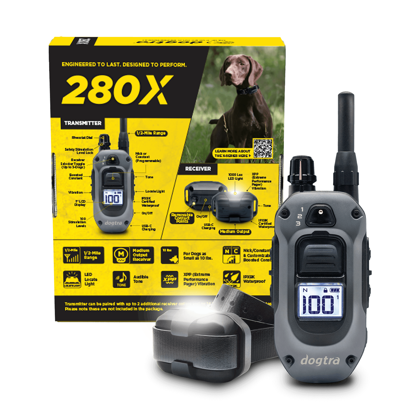 Dogtra 280X 1-Dog Unit with transmitter, receiver, and packaging displaying product features and specifications