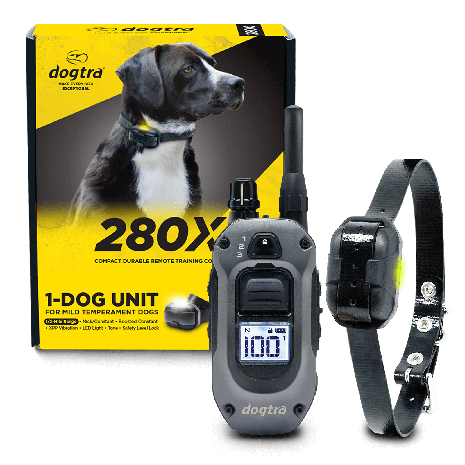 Dogtra 280X 1-Dog Unit e-collar with remote, packaging, and training collar for mild temperament dogs