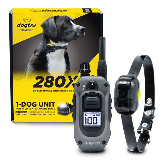 Dogtra 280X 1-Dog Unit e-collar with remote, packaging, and training collar for mild temperament dogs