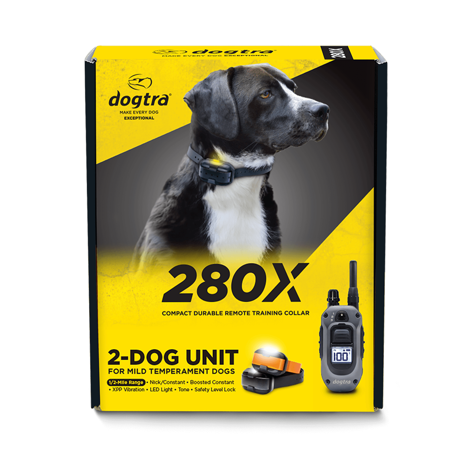 Dogtra 280X 2-Dog Unit packaging showing remote training collar and e-collar for mild temperament dogs