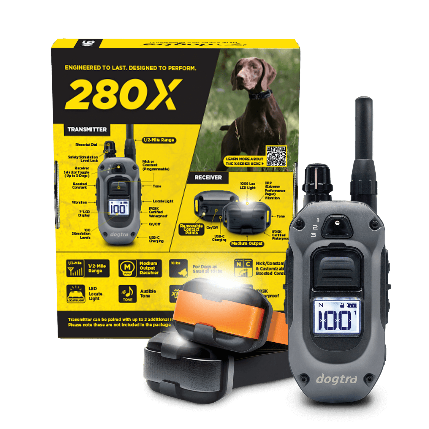 Dogtra 280X - 2 Dog Unit e-collar transmitter, receiver, and packaging displaying features and controls for effective dog training.