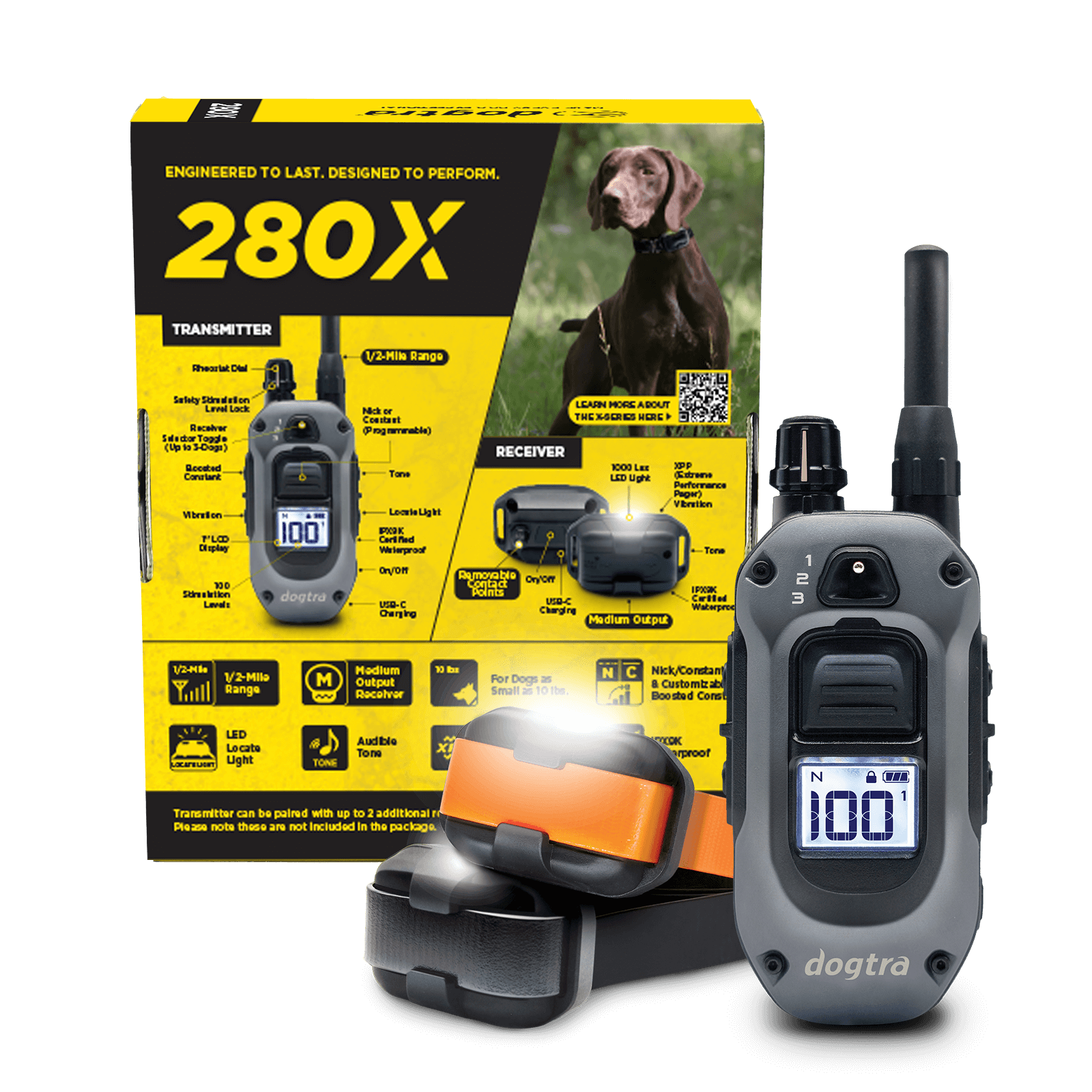 Dogtra 280X - 2 Dog Unit e-collar transmitter, receiver, and packaging displaying features and controls for effective dog training.