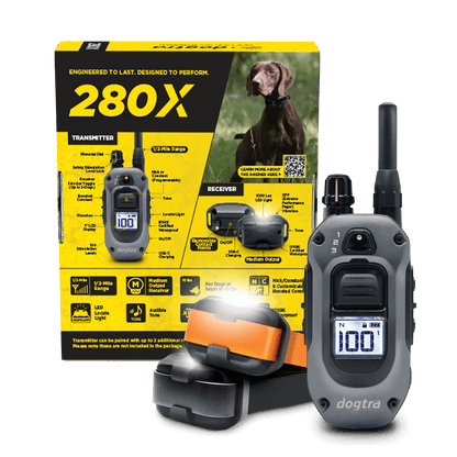 Dogtra 280X - 2 Dog Unit e-collar transmitter, receiver, and packaging displaying features and controls for effective dog training.