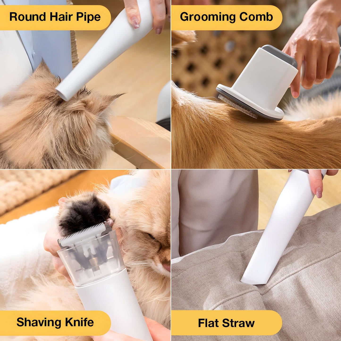 Pet grooming vacuum kit with 5 tools including round hair pipe, grooming comb, shaving knife, and flat straw in use on pets.