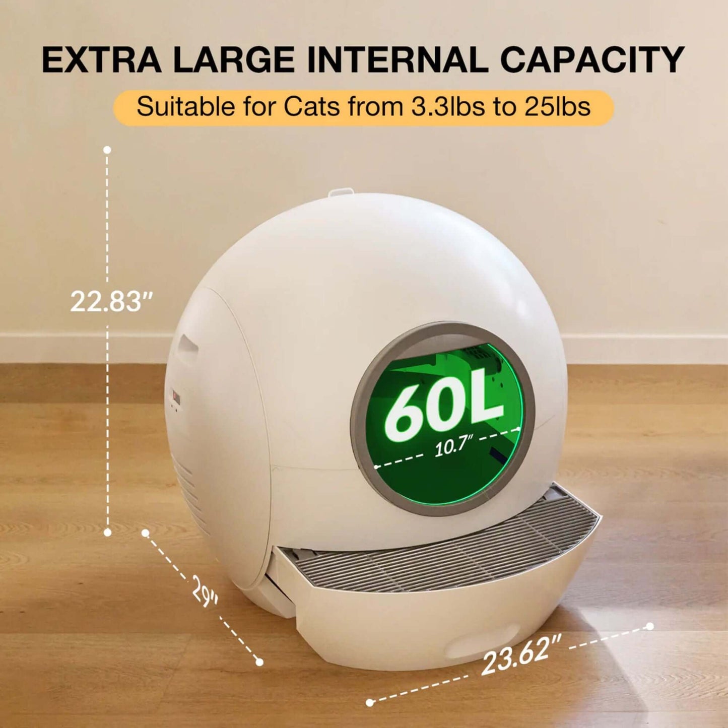 Smart self-cleaning litter box with spaceship design, showing large 60L capacity for cats from 3.3 lbs to 25 lbs and dimensions for spacious interior