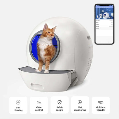 Smart self-cleaning litter box with a futuristic design and advanced odor control, featuring a cat inside and a smartphone app for pet monitoring.