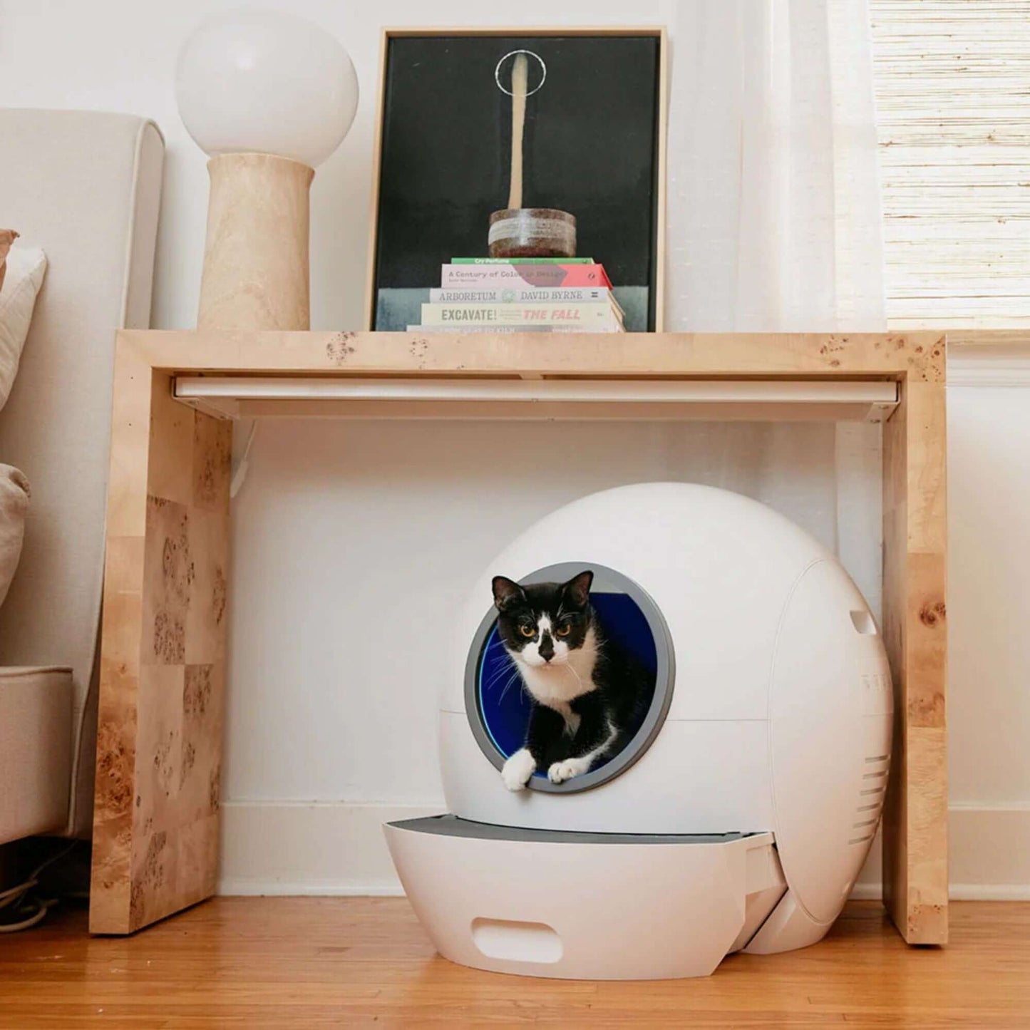 Black and white cat inside a sleek, spaceship-like smart self-cleaning litter box in a modern home setting.