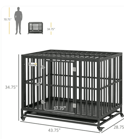 44" Black - Strong Dog Crate Mobility Cage w/ Playpen Metal & Removeable Tray K9 - Feline Unique Pet Accessories