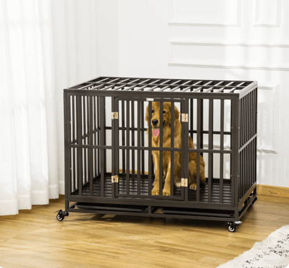 44" Black - Strong Dog Crate Mobility Cage w/ Playpen Metal & Removeable Tray K9 - Feline Unique Pet Accessories