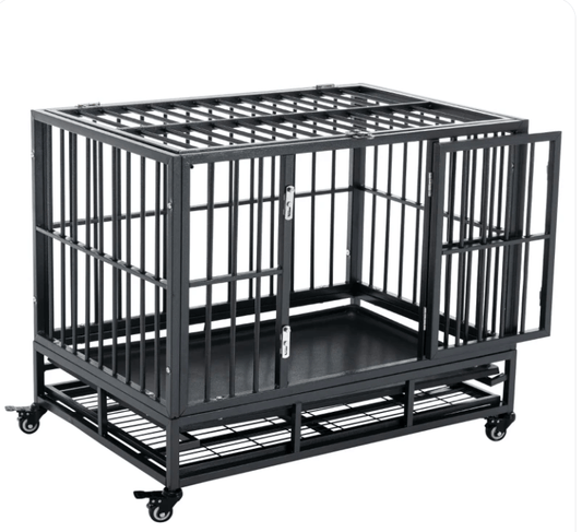 36" Grey - Heavy Duty Dog Crate Metal Cage Kennel with Lockable Wheels, Double Door and Removable Tray K9 - Feline Unique Pet Accessories