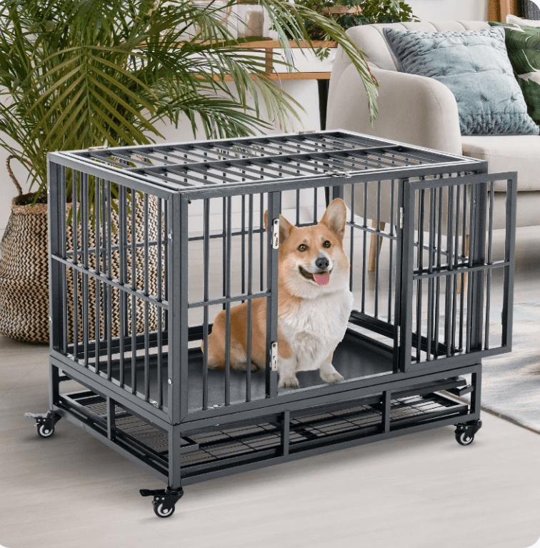 36" Grey - Heavy Duty Dog Crate Metal Cage Kennel with Lockable Wheels, Double Door and Removable Tray K9 - Feline Unique Pet Accessories