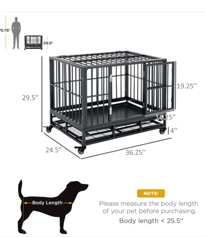 36" Grey - Heavy Duty Dog Crate Metal Cage Kennel with Lockable Wheels, Double Door and Removable Tray K9 - Feline Unique Pet Accessories