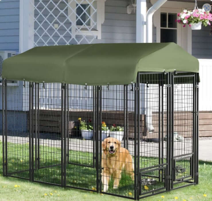 Large Outdoor Dog Kennel - 8' x 4' x 6' with Rotating Bowl Holders K9 - Feline Unique Pet Accessories
